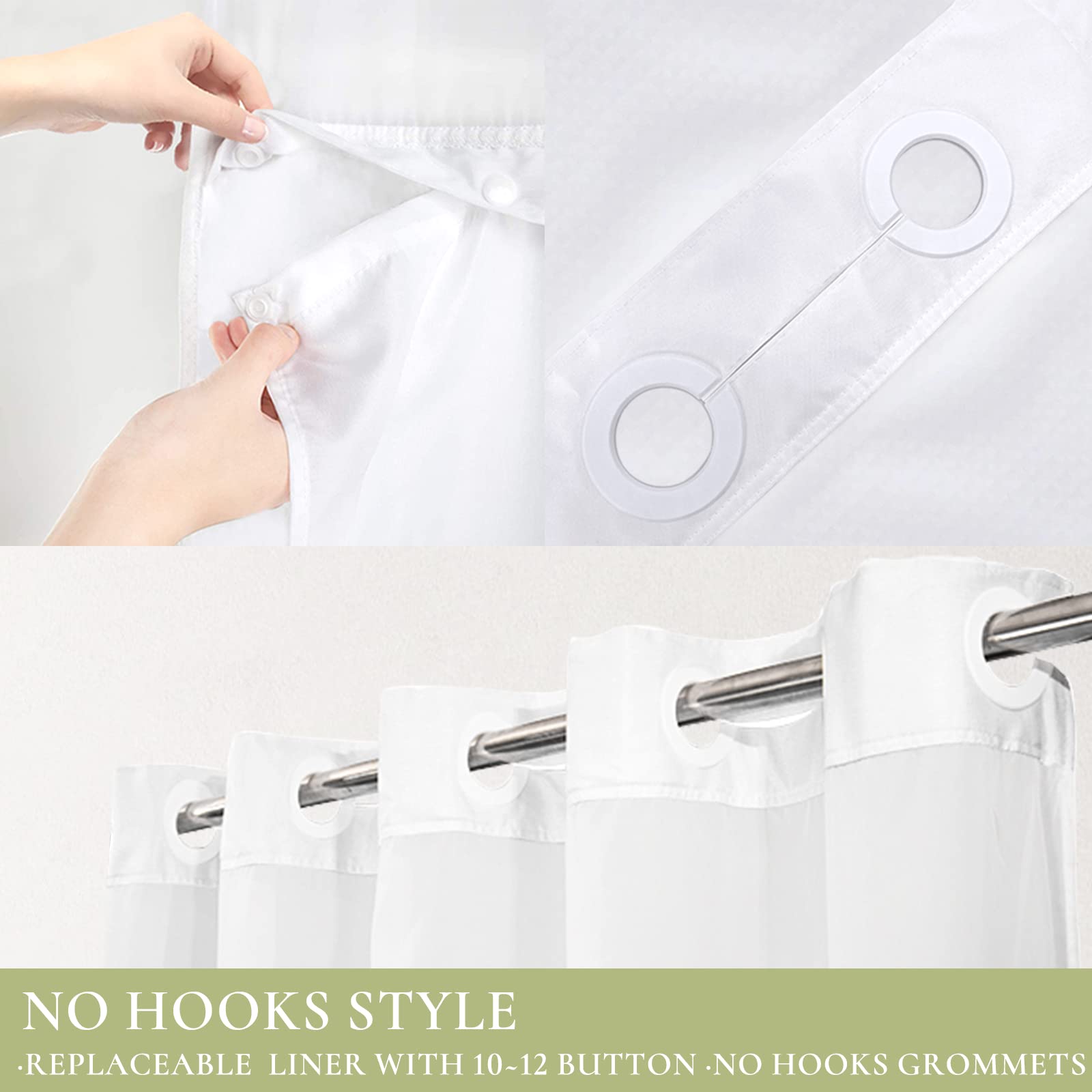 Tititex No Hooks Snap In Liner Green Eucalyptus Leaves Shower Curtain Sets, Hotel Luxury Double Layers Waterproof Fabric & See-T